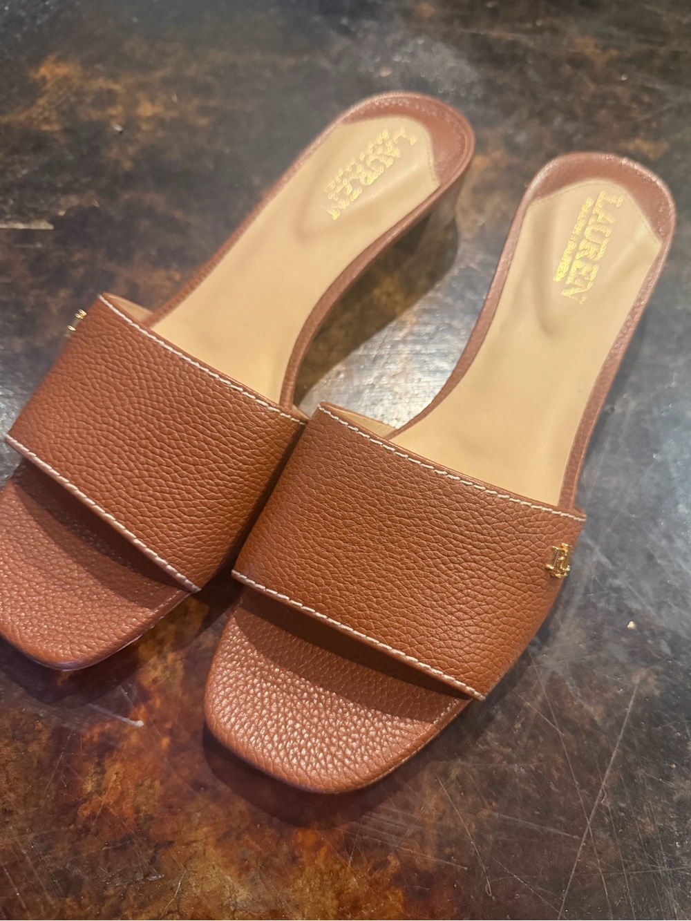 Lauren Ralph Lauren Faye Tumbled Leather Open-Toe Slide with Gold RL Accent - Picture 6 of 7